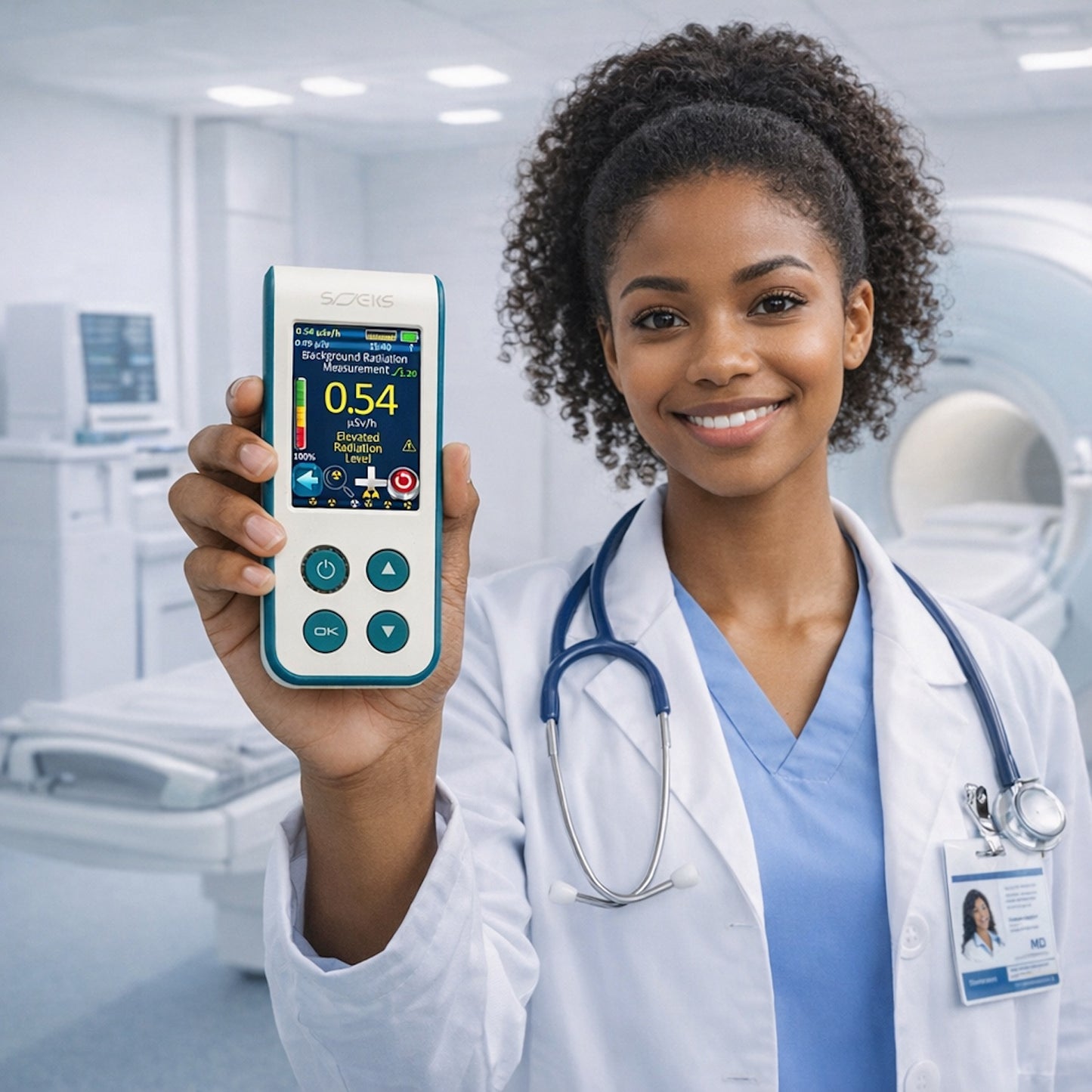 SOEKS 01M NEO Professional Radiation Dosimeter - young doctor with radiation dosimeter in MRI room