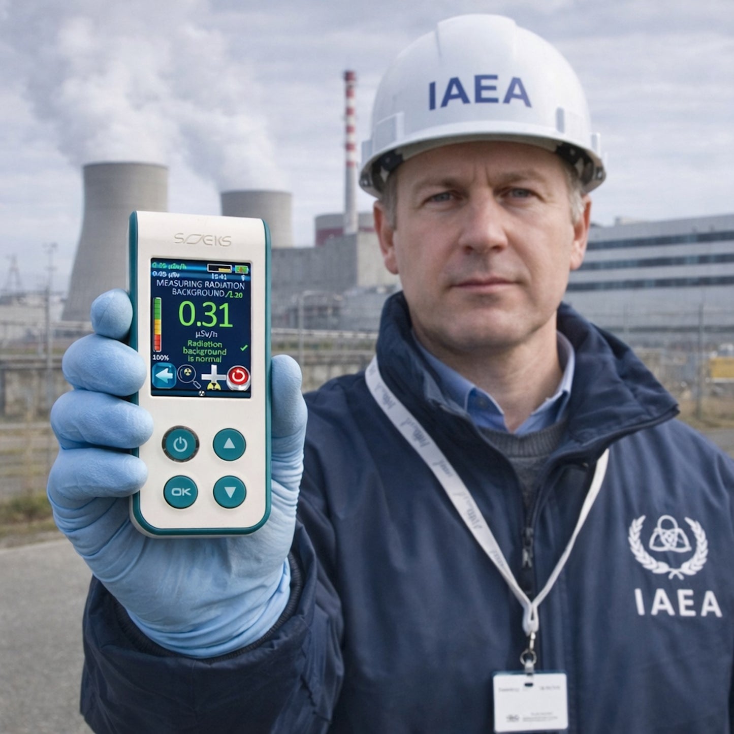 SOEKS 01M NEO Professional Radiation Dosimeter - IAEA inspector holding a SOEKS 01M NEO while standing in front of a nuclear power plant