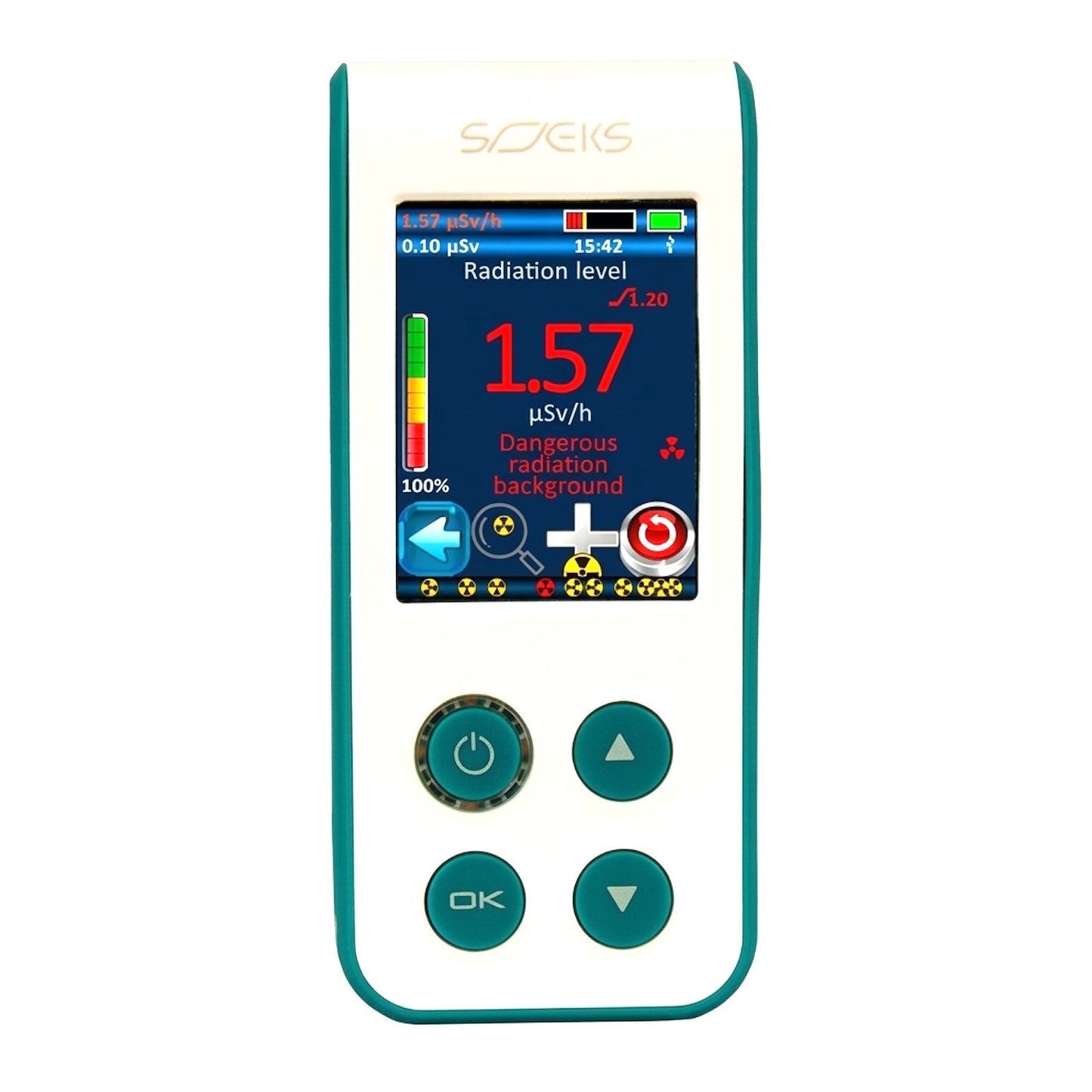SOEKS 01M NEO Professional Radiation Dosimeter - front view, Dangerous radiation background