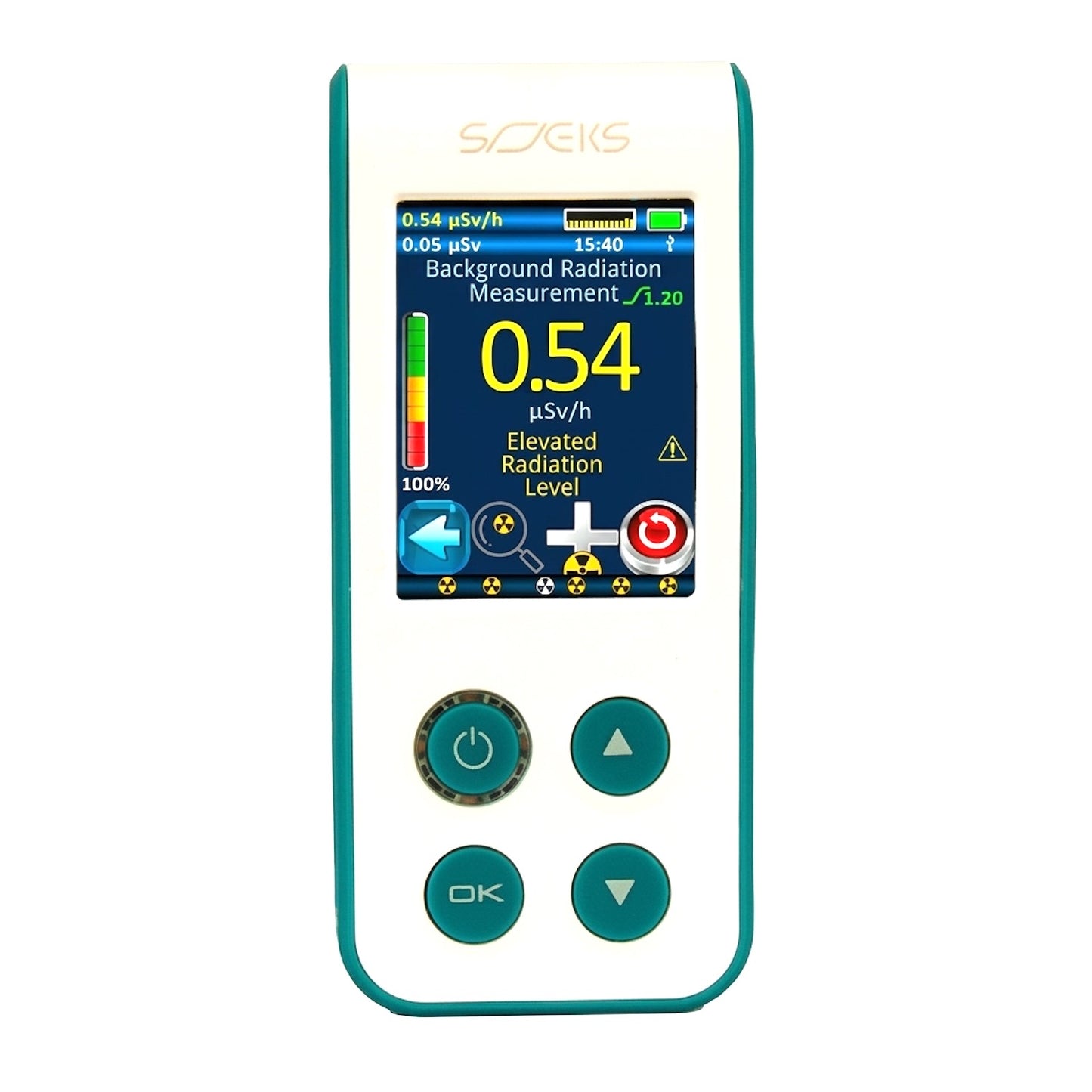 SOEKS 01M NEO Professional Radiation Dosimeter - front view, Elevated Radiation Level