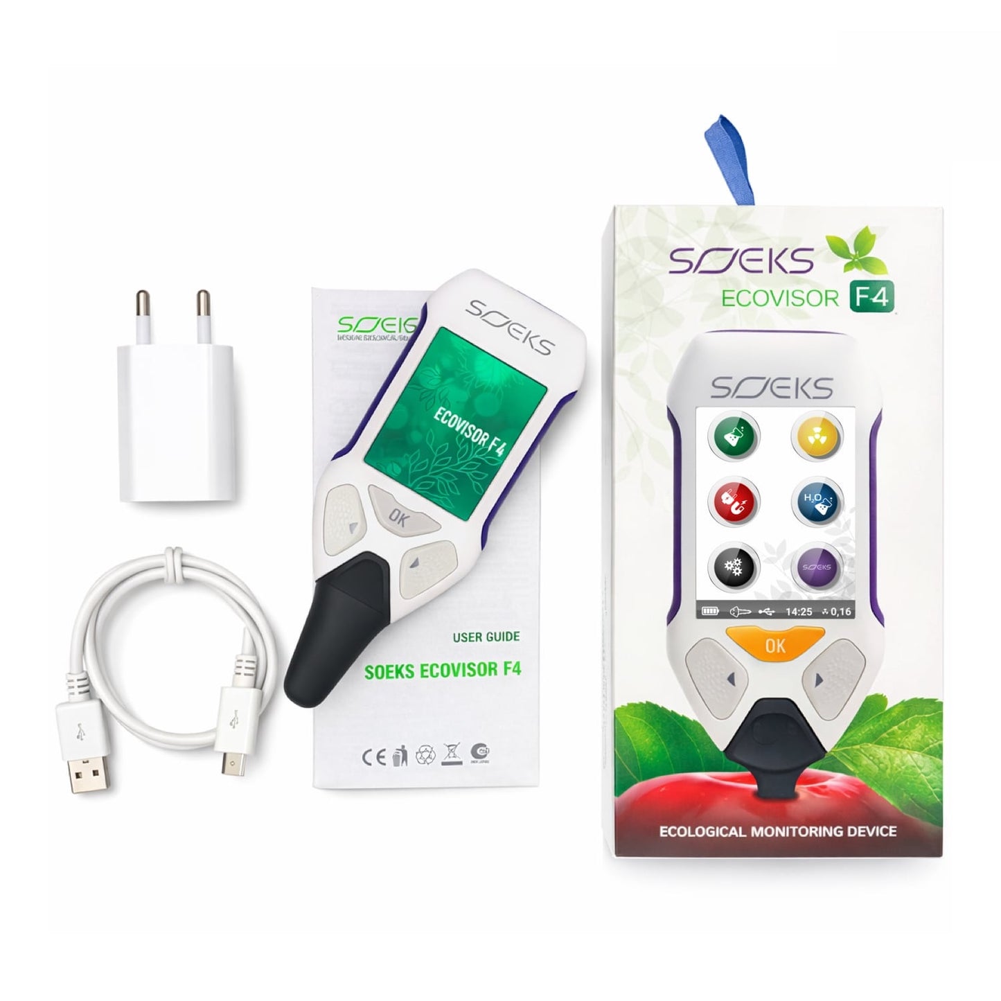 SOKS Ecovisor F4 ecological monitoring device with packaging, USB cable, and adapter on a white background