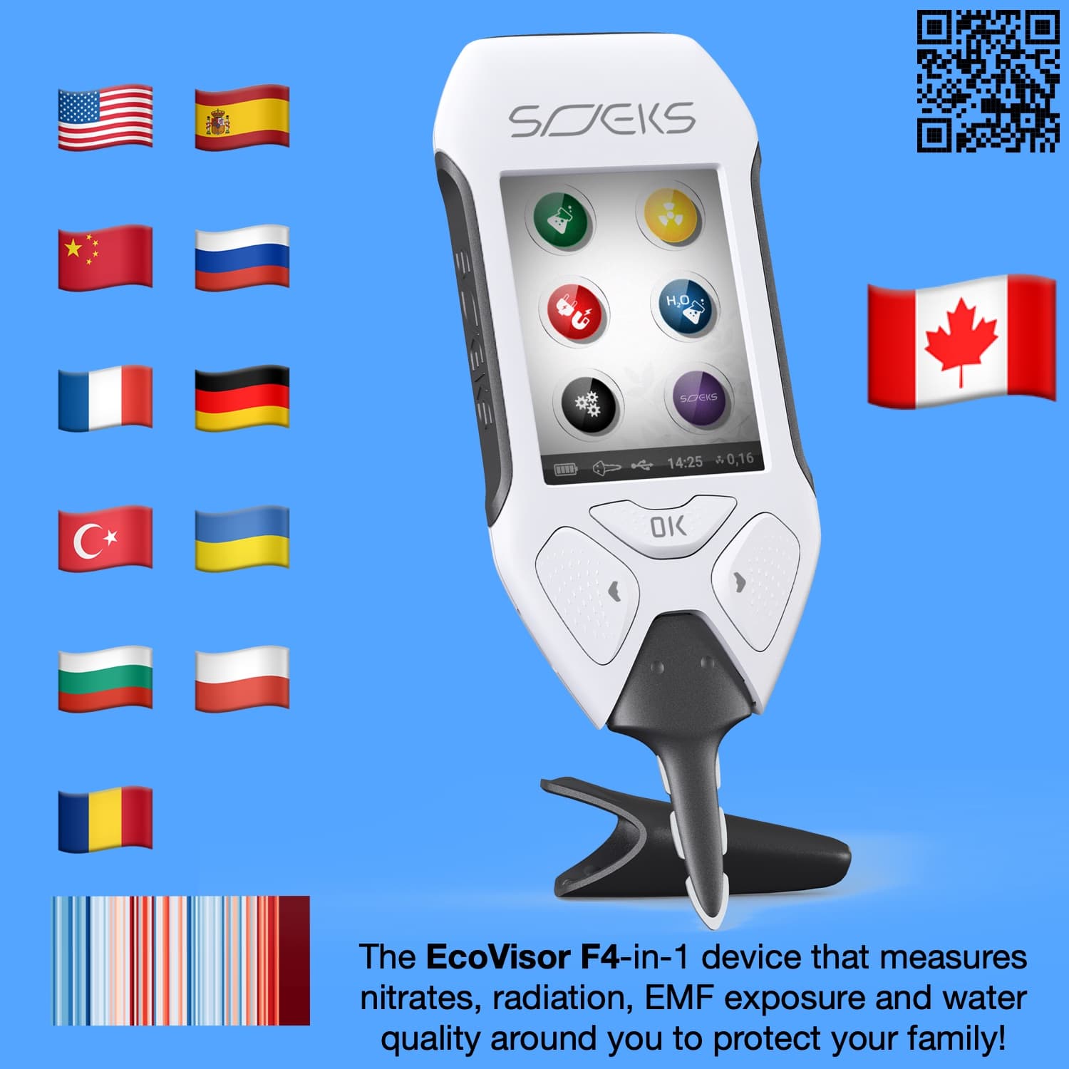 EcoVisor F4 has Interface in 11 languages, Flags: English, Spanish, Chinese, Russian, French, German, Turkish, Ukrainian, Bulgarian, Poland, Romanian