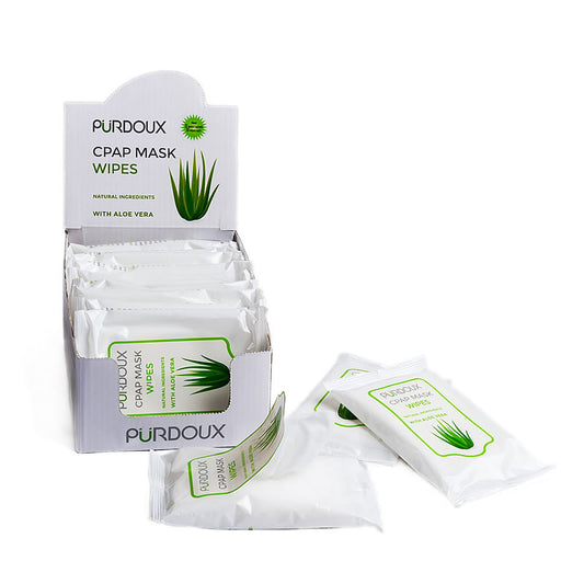 PURDOUX CPAP Aloe Vera Unscented Wipes in open Travel Box