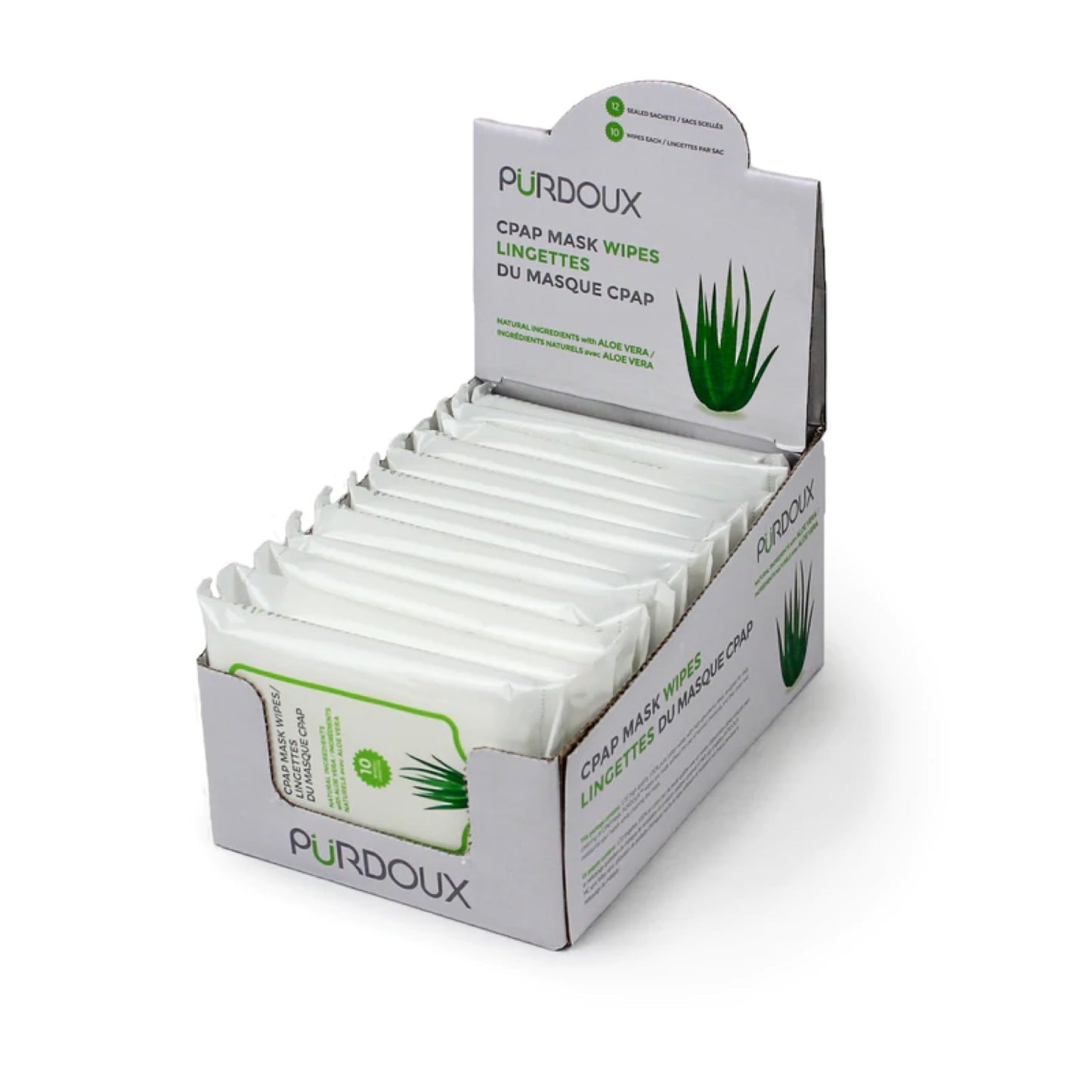 PURDOUX CPAP Aloe Vera Unscented Wipes Travel Box - open box